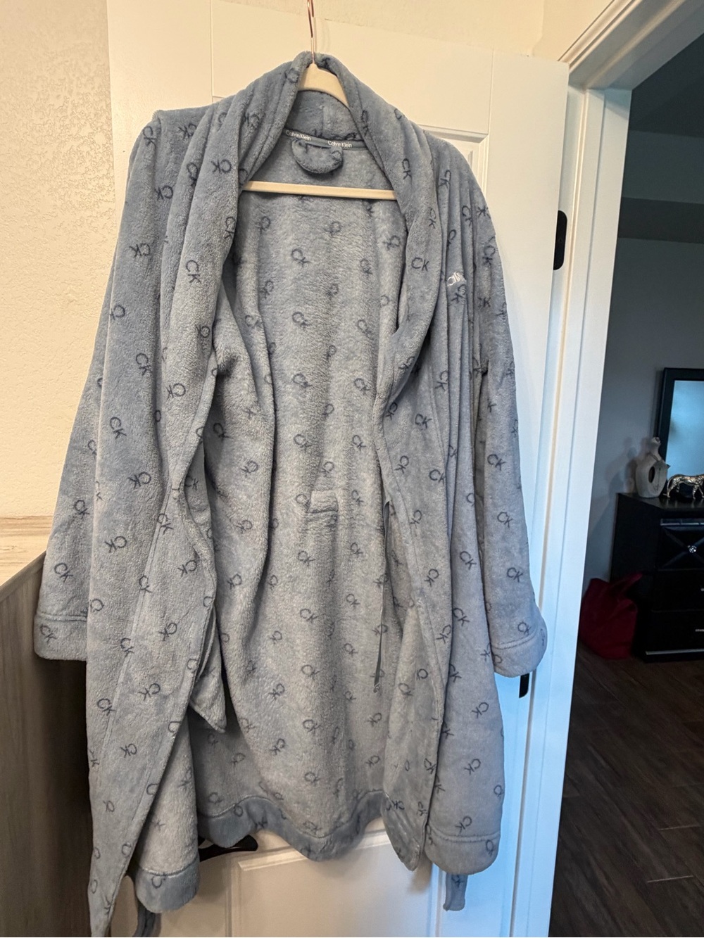 Calvin Klein Light Blue Plush Hooded Robe